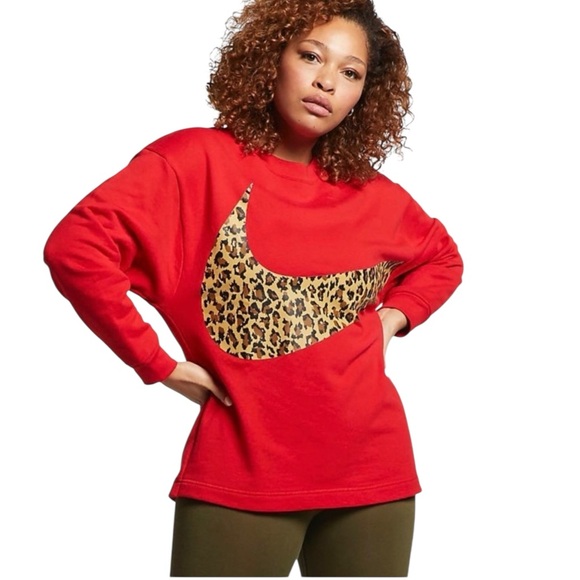 Nike Swoosh Sweatshirt Red Leopard Print Logo Women’s Size 2X Plus - Picture 1 of 13